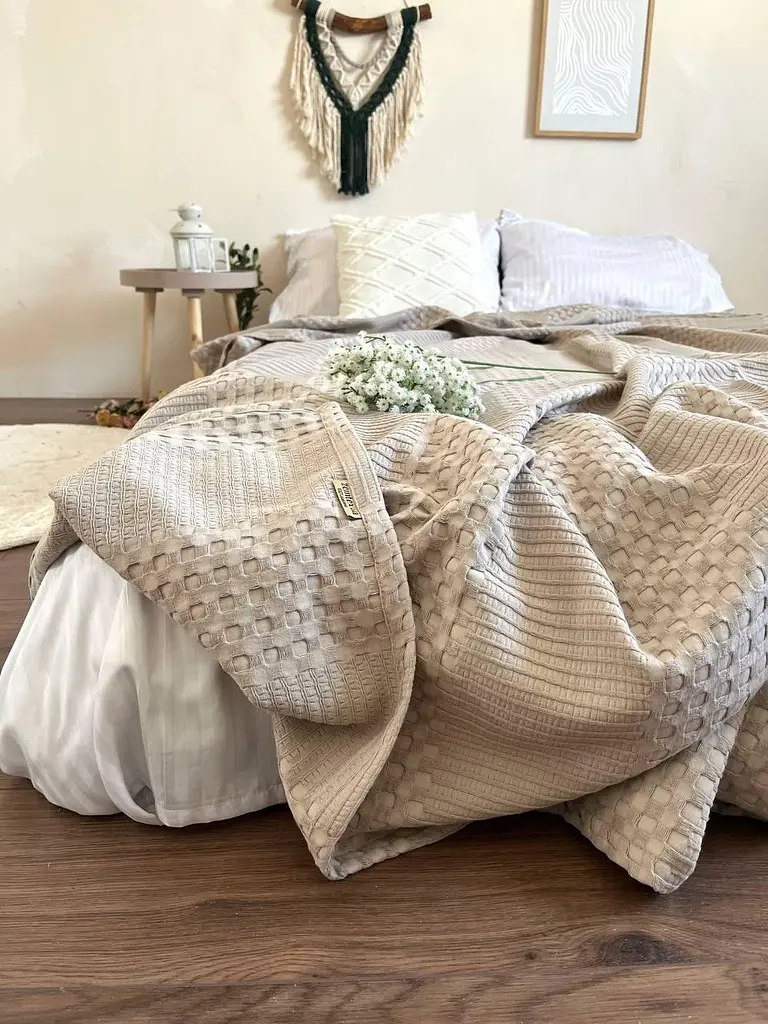 Покривало Zeintex Марокко вафельне бавовняне сіро-бежеве 230х280 см - фото 4
