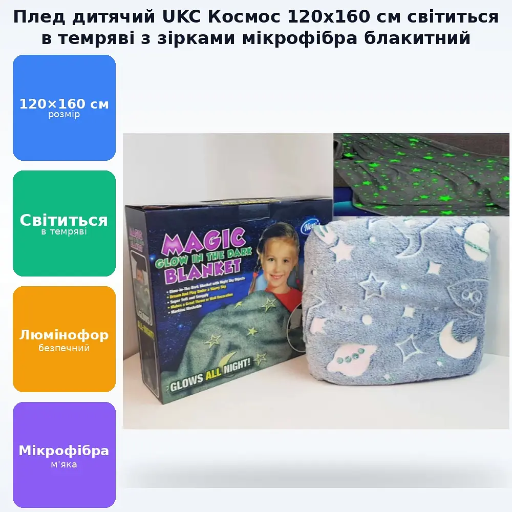 Плед ковдру дитяче покривало, що світиться, плюшеве світиться в темряві із зірочками і кораблями (Космос) 120х160 см UKC блакитний - фото 2