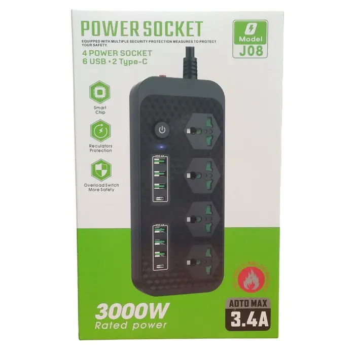 Мережевий подовжувач фільтр чорний на 4 розетки та 6 USB 3.4A та 2 Type-C Power Socket J08 - фото 5