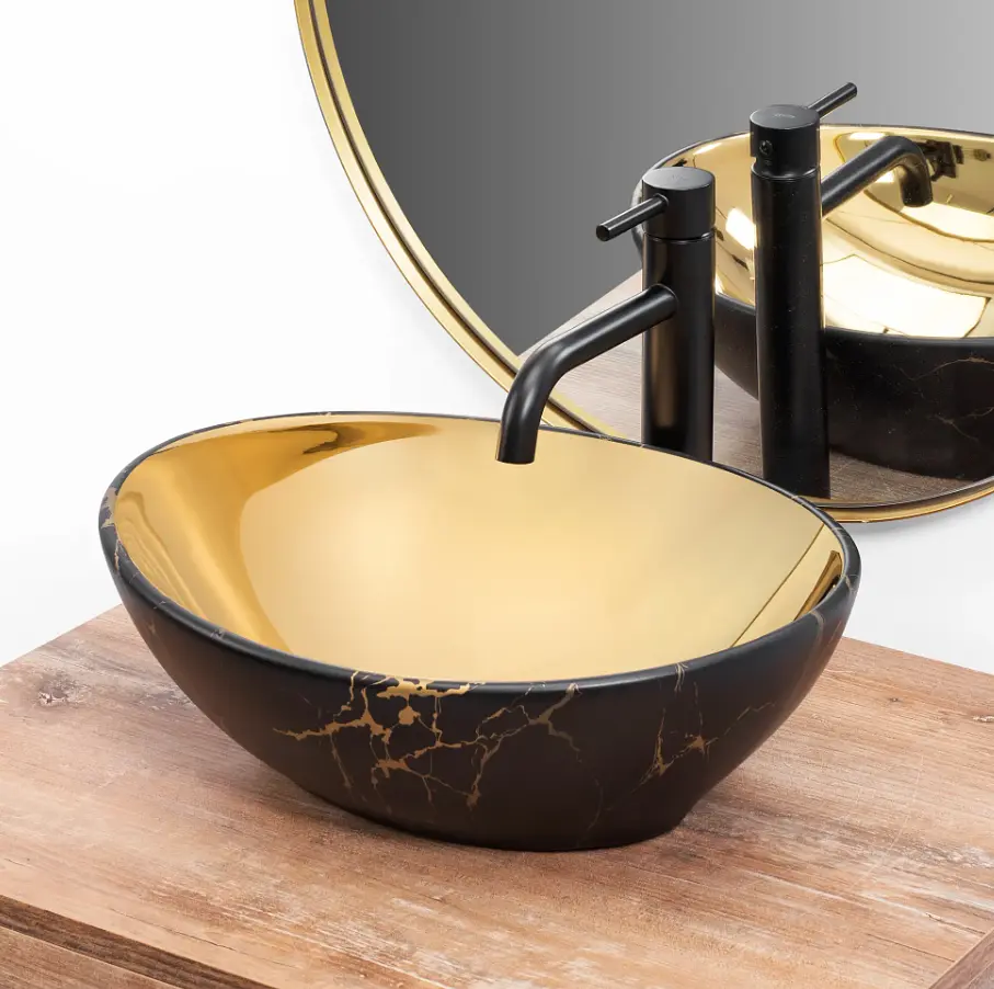 Умивальник Rea Sofia In накладний marble mat black gold REA-U8011, Чорний матовий - фото 3