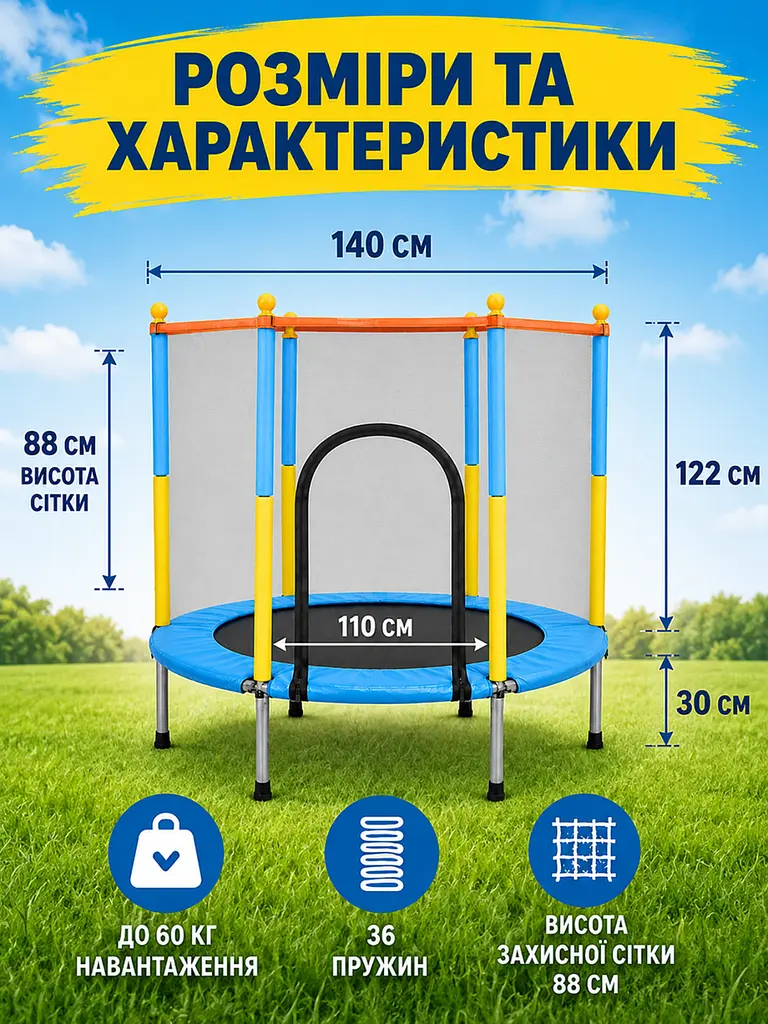 Дитячий каркасний батут із захисною сіткою жовто-блакитний шестикутний до 60 кг (49675854) - фото 3