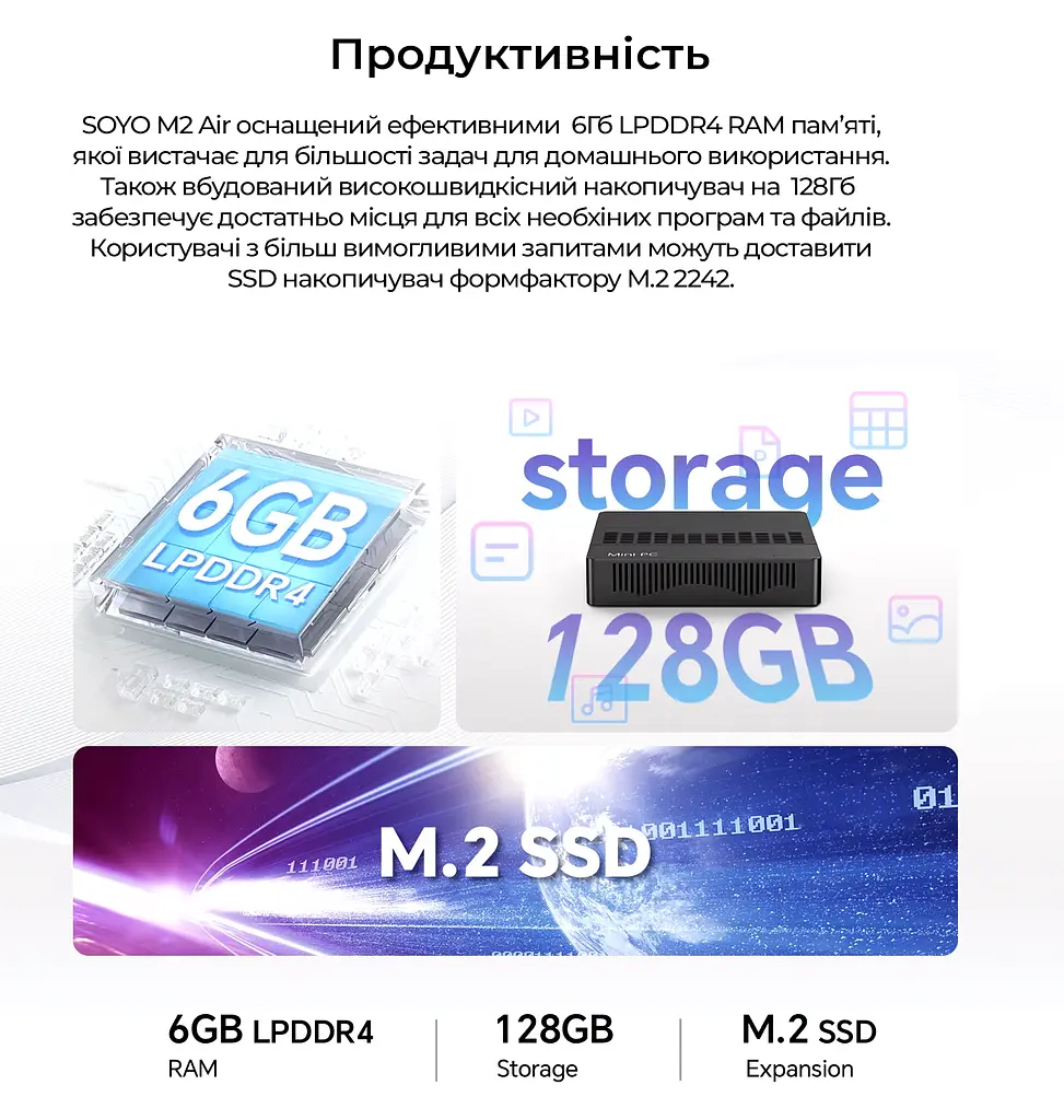 SOYO M2 Air Mini PC 6GB RAM, 128GB EMMC, Intel N4000, Windows 11 Pro - фото 4