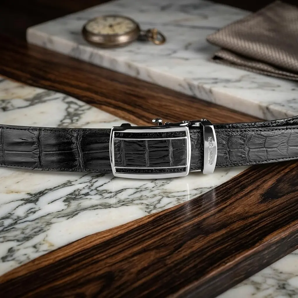 Ремінь-автомат CROCODILE LEATHER 18236 з натуральної шкіри крокодила (каймана) чорний 120 см - фото 4