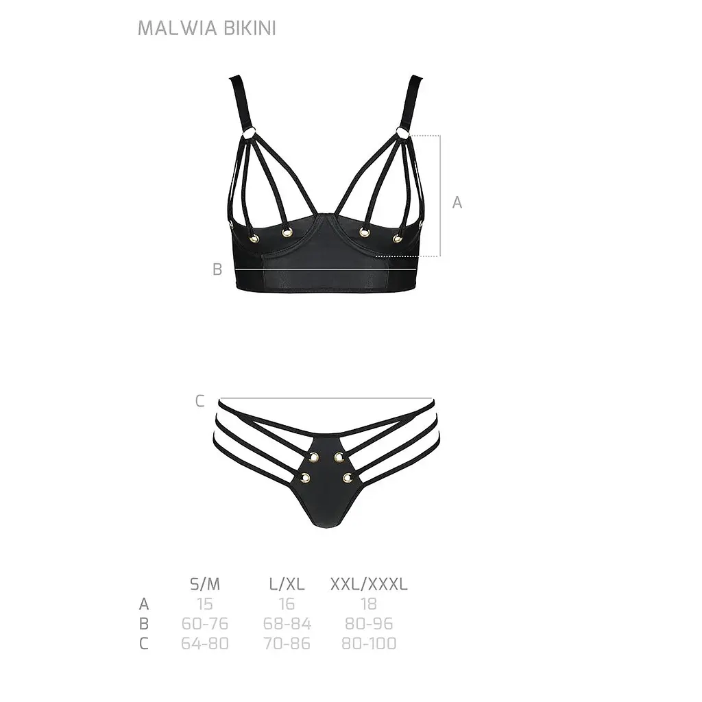 Комплект з екошкіри з люверсами та ремінцями Passion MALWIA BIKINI S/M, black, бра та трусики - фото 5