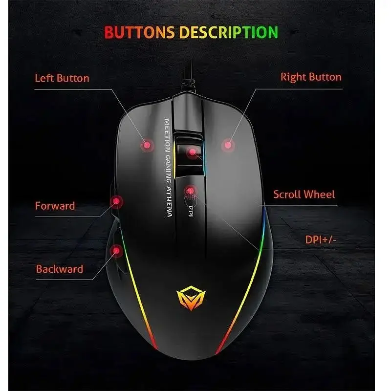 Компьютерная мышь Mееtion GM23_2023 игровая оптическая проводная 12800 DPI 7 кнопок RGB подсветка черная - фото 9