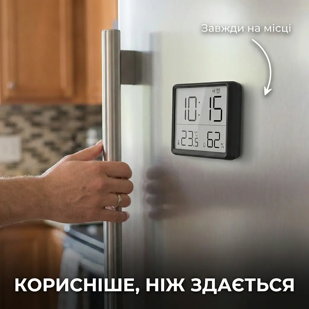 Годинник з термометром та гігрометром, цифровий будильник 9×7 см, з магнітним кріпленням, чорний - фото 5
