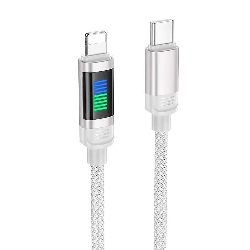 Кабель з кольоровим індикатором Hoco U126 Lantern Lightning PD charging data cable 1.2m 27W з екранчиком світло сірий - фото 2