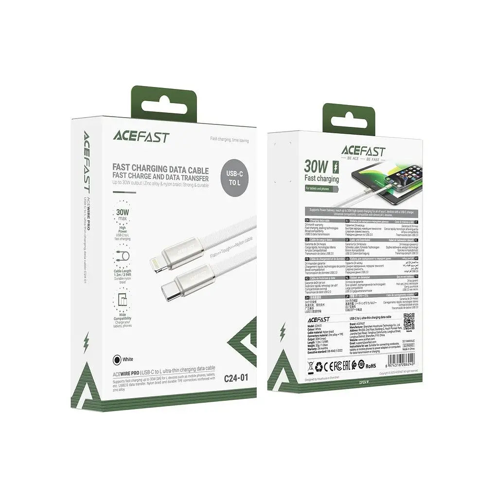 Дата кабель USB 2.0 AM to Lightning 1.2m 30W nylon white Acefast (6974316286240) - фото 5