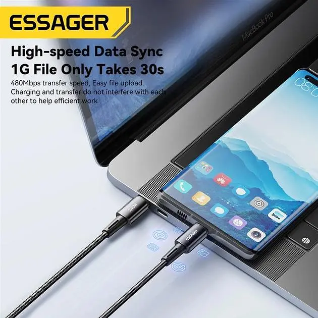 Кабель Essager Sunset Type C to Type C 240W Data cable 2 м Dark Grey (EXCTT3-CGA0G-P) - фото 5