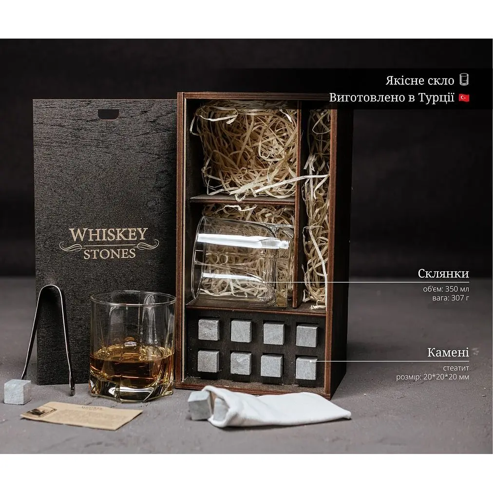 Подарунковий набір Whiskey Stones камені для віскі 8 штук + інструкція + мішечок для зберігання + щипці та 2 склянки Luna - фото 7