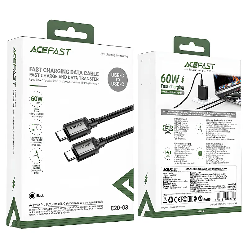Дата кабель Acefast C20-03 Type-C to Type-C 60W (1.2m) Black - фото 5