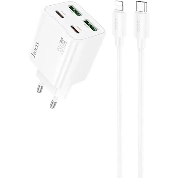 МЗП Hoco N55 Fundador PD20W four-port (2USB-A/2C) + кабель Type-C to Lightning White