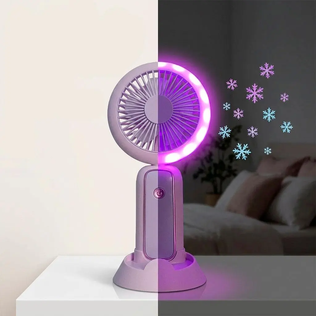 Ручний вентилятор Mini Portable Fan 3 Вт із підсвіткою і підставкою для телефона, фіолетовий, акумуляторний вентилятор - фото 3