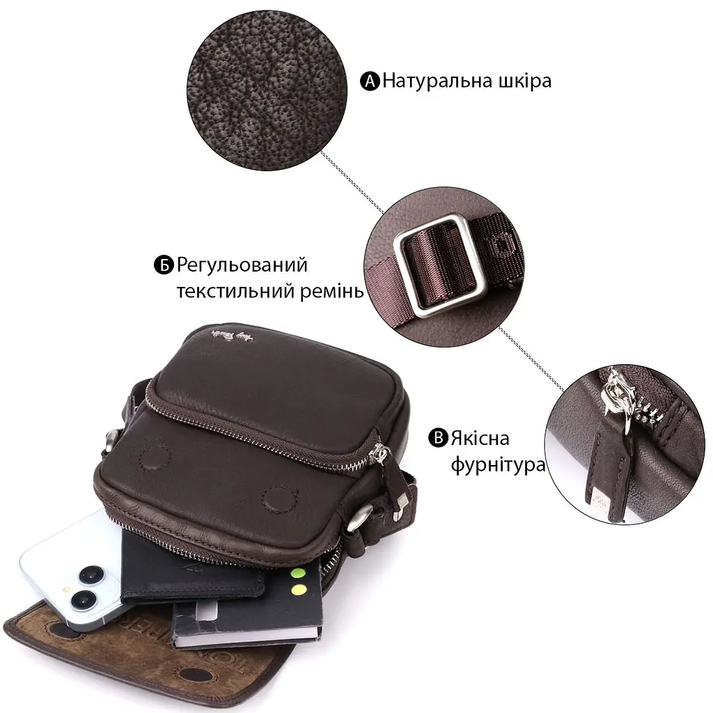 Невелика сумка з матової зернистої натуральної шкіри Tony Perotti 208767_1 (9150-14 moro) чорна - фото 4