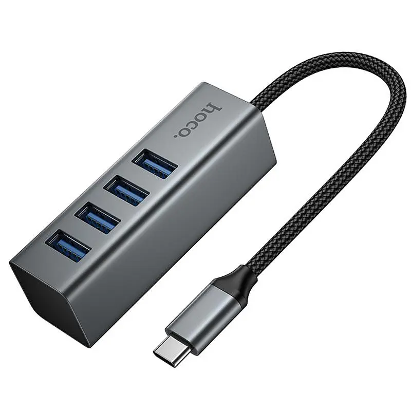Переходник HUB Hoco HB1C 4-в-1 (Type-C на 4xUSB 3.0) (0,2 м), металлический серый - фото 3