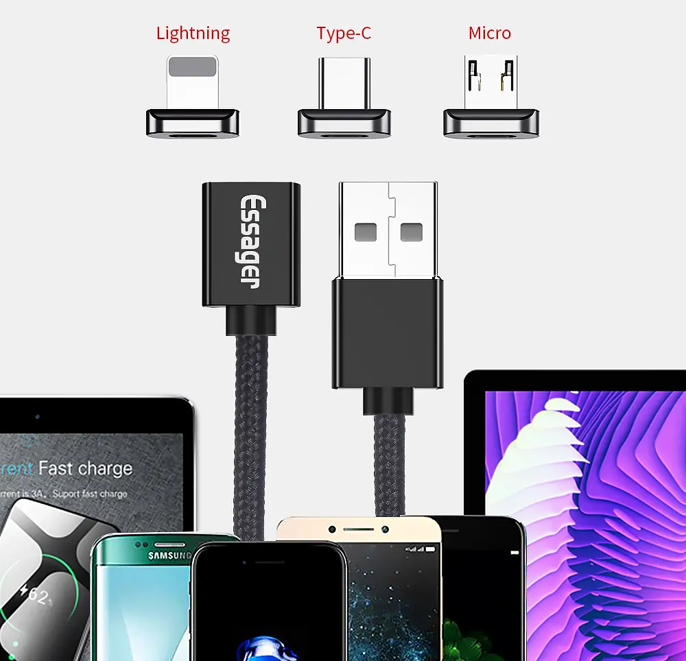 Магнітний кабель ESSAGER (micro USB Type-C, Lightning) 2метра - фото 5