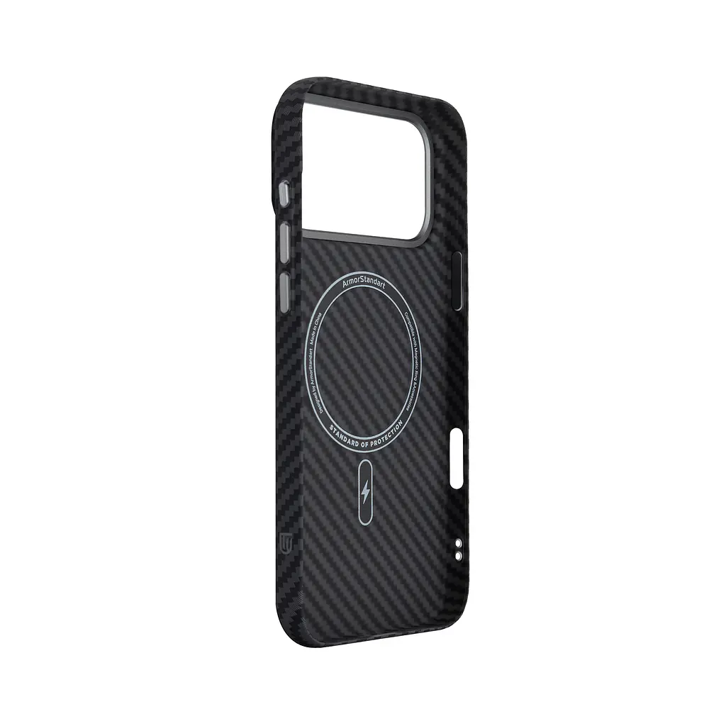 Карбоновый чехол для Apple iPhone 17 Pro Max, LikeCarbon2 MagCase, черный, тонкий защитный чехол-панель из поликарбоната с магнитами N52, MagSafe, противоударный, совместим с беспроводной зарядкой, приподнятые края для защиты камеры, ArmorStandart (ARM86259) - фото 4