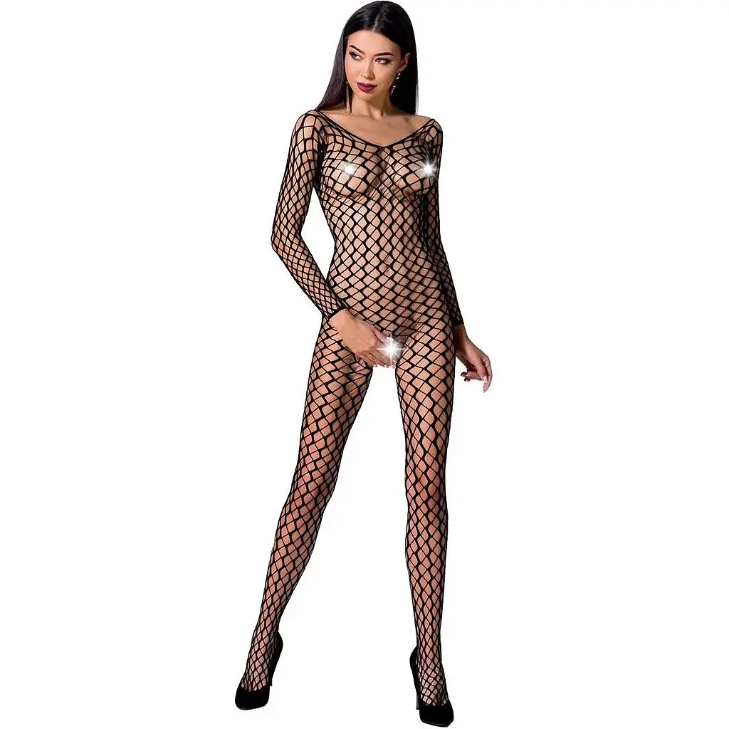 Бодістокінг Passion BS068 Black, комбінезон, велика сітка, довгий рукав - фото 3