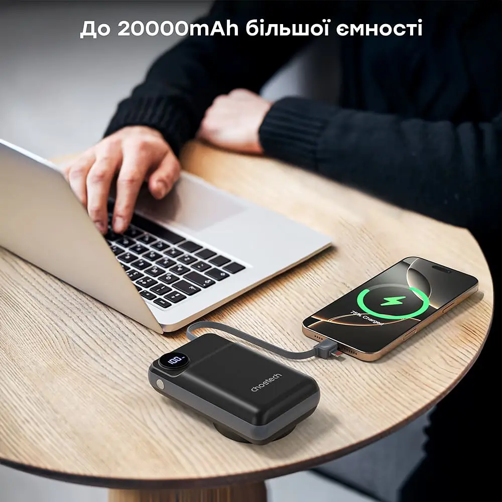 Повербанк 20000mAh Choetech B696 Black QC3.0 PD3.0 бездротова зарядка смартфонів та Apple Watch (43-00132) - фото 6