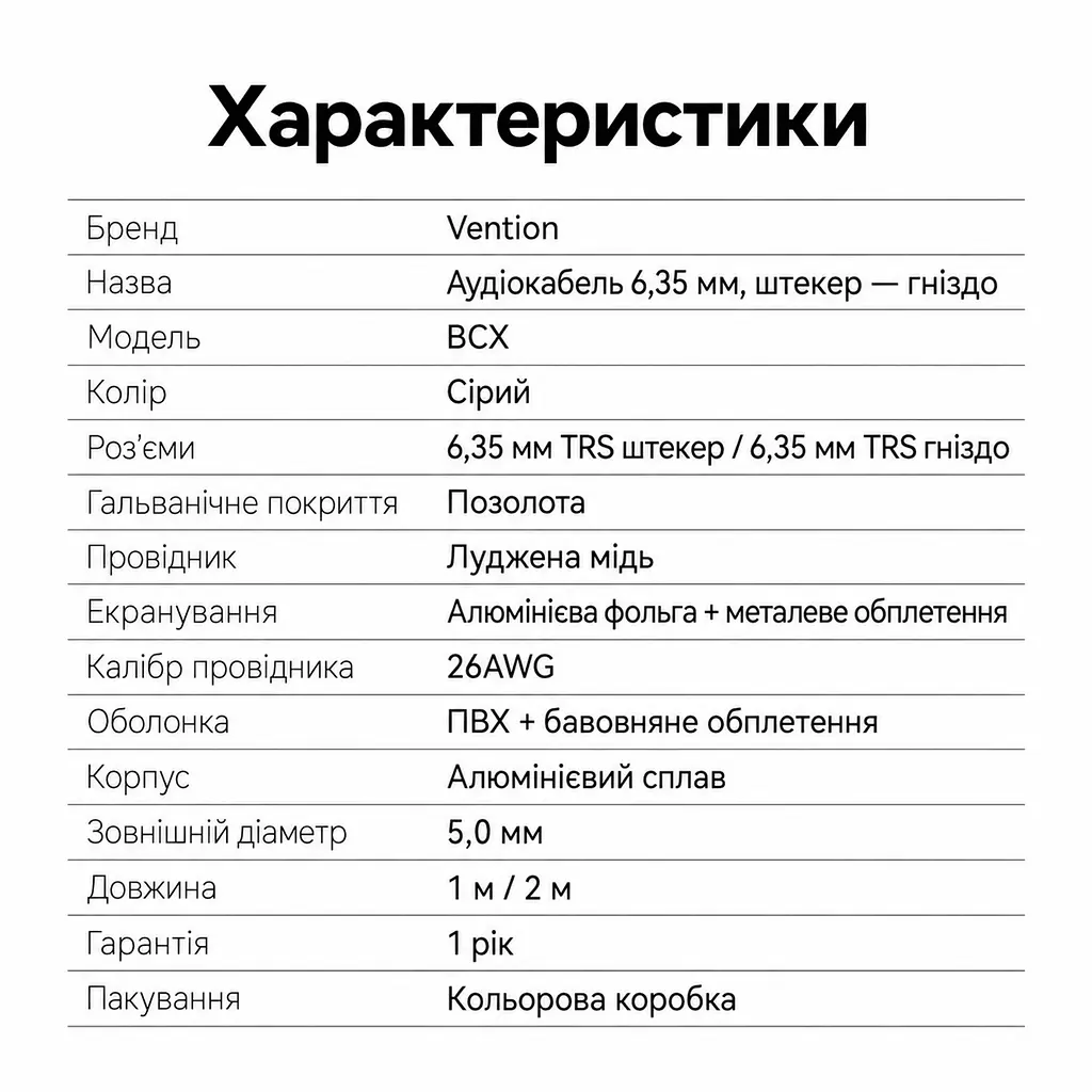 Аудіокабель-подовжувач Vention 2 м Jack 6,35 мм TRS штекер на гніздо для подовження кабелю навушників із відповідним штекером з екрануванням фольгою та металевим обплетенням у бавовняному обплетенні з позолоченими роз’ємами сірий (BCXHH) - фото 7