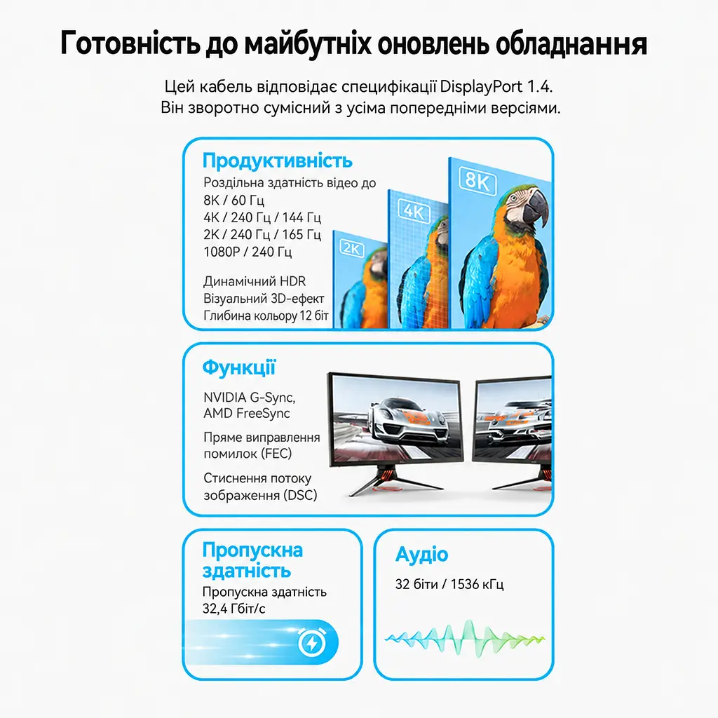 Відеокабель Vention HCFLG Mini DisplayPort - DisplayPort 1.4 8K 60 Гц 1,5 м синій (HCFLG) - фото 7