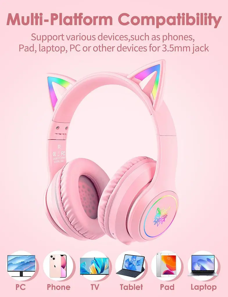 Ігрові Bluetooth навушники Onikuma з котячими вушками, RGB-підсвіткою та мікрофоном рожевий - фото 3