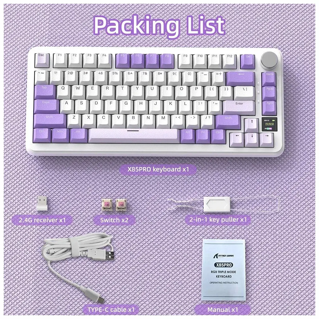 Клавіатура Attack Shark X85PRO RGB Wireless/Bluetooth/USB UA Lavender (X85PROL_AS) - фото 9