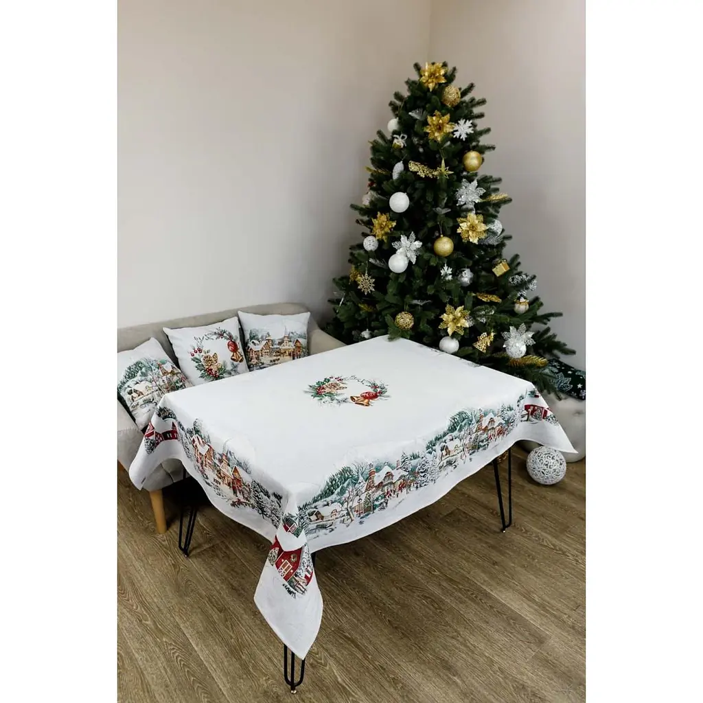 Скатертина гобеленова з велюром Прованс Зимове місто 300х135 см біла (31299) - фото 3