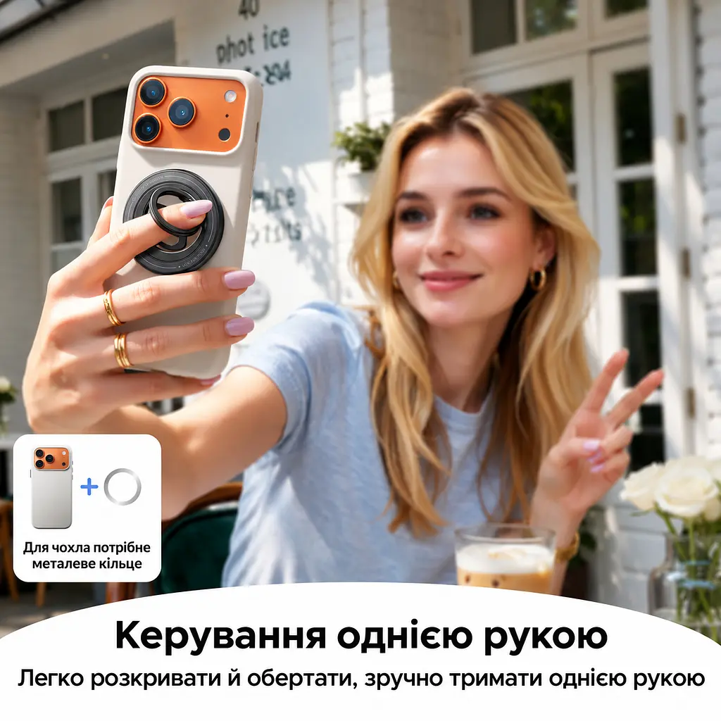 Магнітний тримач-кільце з підставкою для телефона UGREEN LP1022 двостороннє магнітне кріплення до пристрою та сталевих поверхонь сумісний із MagSafe з металевим кільцем для телефонів і чохлів без MagSafe обертання 360° та регульований нахил знімна конструкція сила зчеплення 60 Н із металевим кільцем чорний і темно-сірий із білим маркуванням (65301) - фото 9