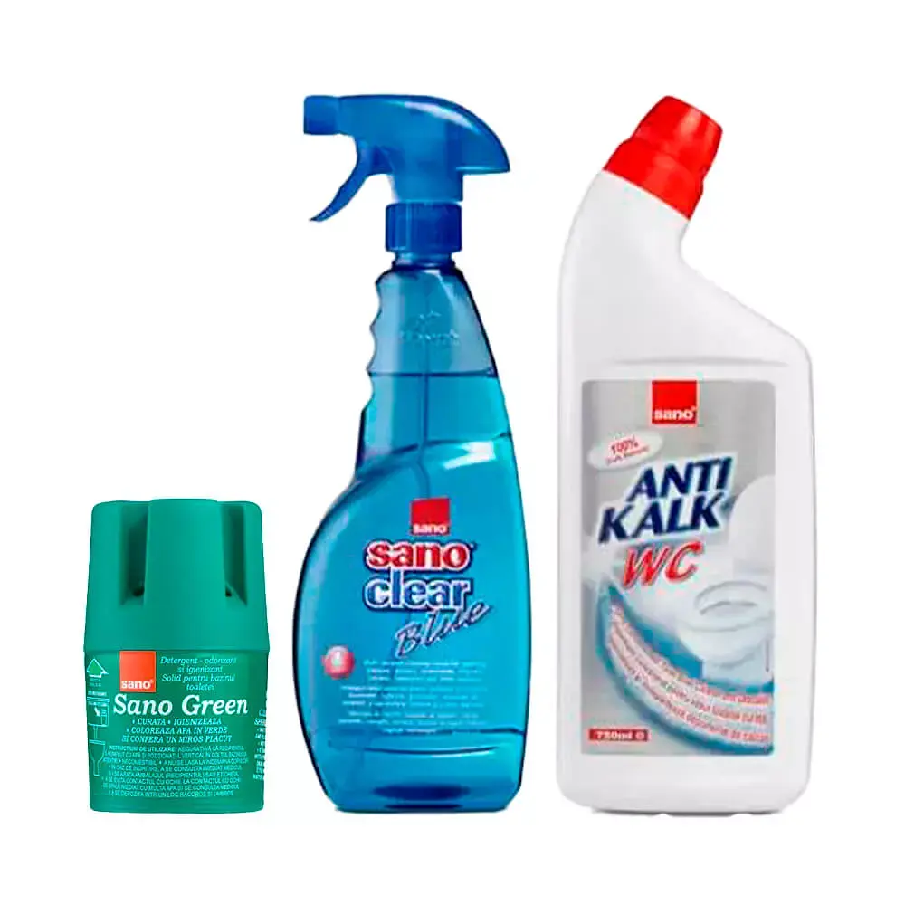 Набір Sano Засіб для чищення унітазів Anti Kalk WC, Бачок для миття унітазу Green, Універсальний засіб Clear для стекол та поверхонь (287621, 935833, 425646)