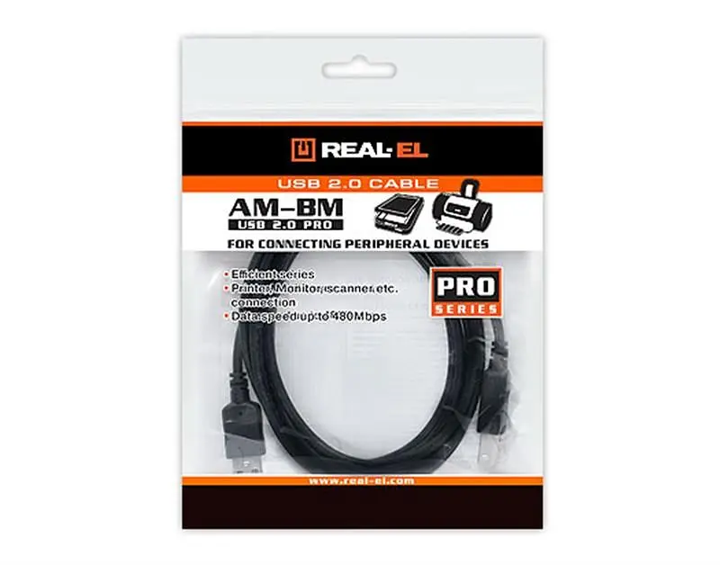 Кабель REAL-EL Pro USB - USB Type-B V 2.0 (M/M), 3 м , черный (EL123500027) - фото 2