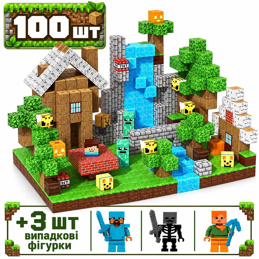 Магнітний конструктор Minecraft 100 шт по грі Майнкрафт Будиночок у водоспаду Mk001060 - фото 2