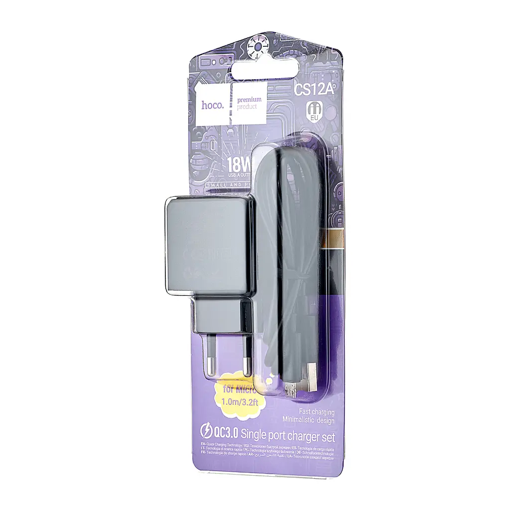 МЗП Hoco CS12A Ocean single port QC3.0 charger set (Micro) (EU) Black - фото 2