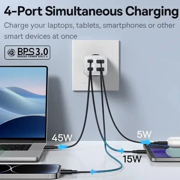 Зарядное устройство для Baseus GaN6 Pro 100W Fast Charger (4 выхода 2 Type-C + 2 USB-A) + кабель Type-C 100W (CCGAN100E6) - фото 7