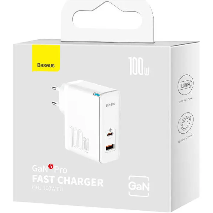 Мережевий зарядний пристрій Baseus GaN5 Pro Fast Charger C+U 100W + Cable USB-C White [CCGP090202] [96288] - фото 7