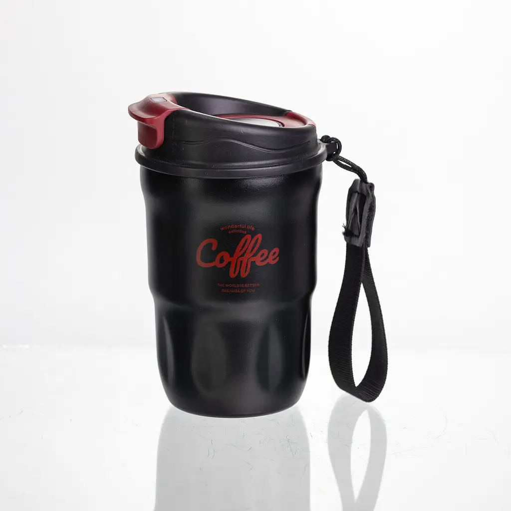 Термочашка "Coffee" 400 мл з ремінцем та відкидною кришкою-клапаном, чорний Yiwu HP-GM-17 - фото 3