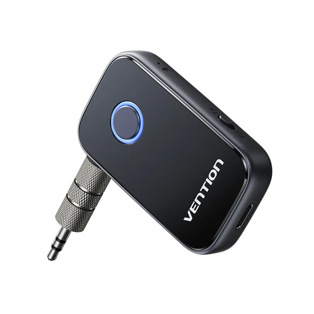 Аудіопередавач і приймач Vention Bluetooth 6.0 AUX 3,5 мм передавання на дві пари навушників або приймання з двох телефонів по черзі мікрофон для дзвінків у режимі приймання приблизно 9 год передавання/12 год приймання AAC/SBC кнопкове керування відтворенням і дзвінками до 10 м на відкритій місцевості автопідключення в режимі приймання знімний адаптер minijack 3,5 мм із двома штекерами заряджання USB-C темно-сірий і чорний із синім кільцем (NAOH0)