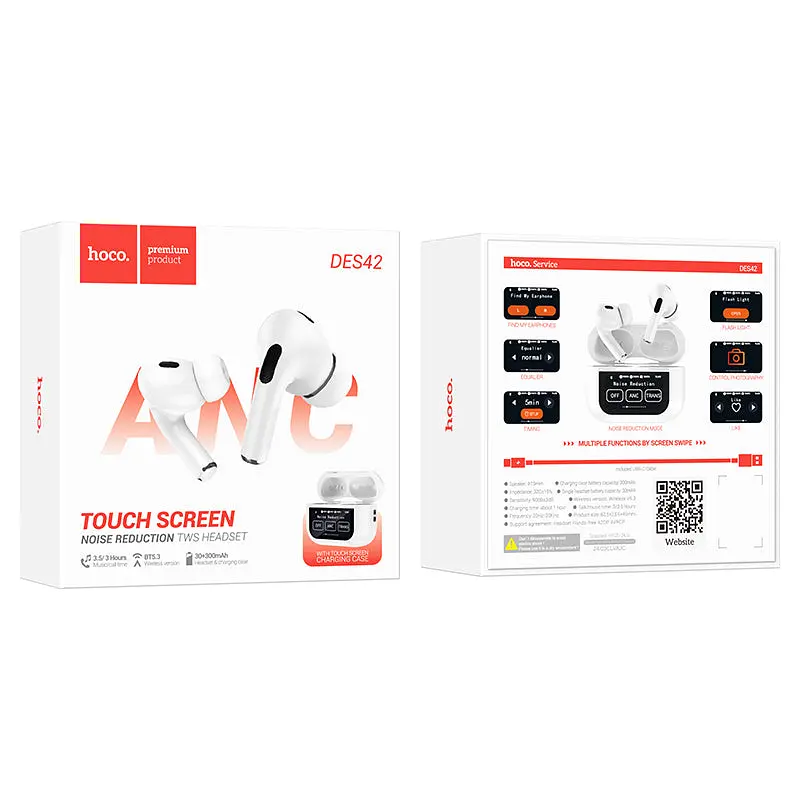 Беспроводные TWS наушники Hoco DES42, BT5.3, ANC, 30mAh, 300mAh, 3.5h, с LED дисплеем, вакуумные white - фото 5
