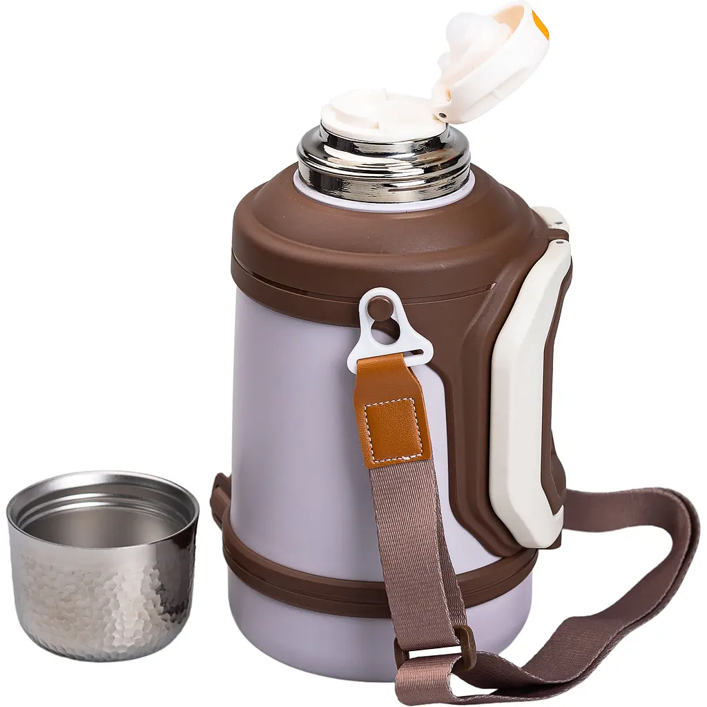Термос для туризму Vacuum Cup 1,5 л з фліп кришкою та складаними ручками, коричневий Yiwu HP-14-21W - фото 2
