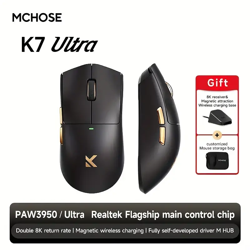 Беспроводная игровая мышь MCHOSE K7 Ultra / Три режима подключения / PAW3950 / 42 000 DPI / Black - фото 3