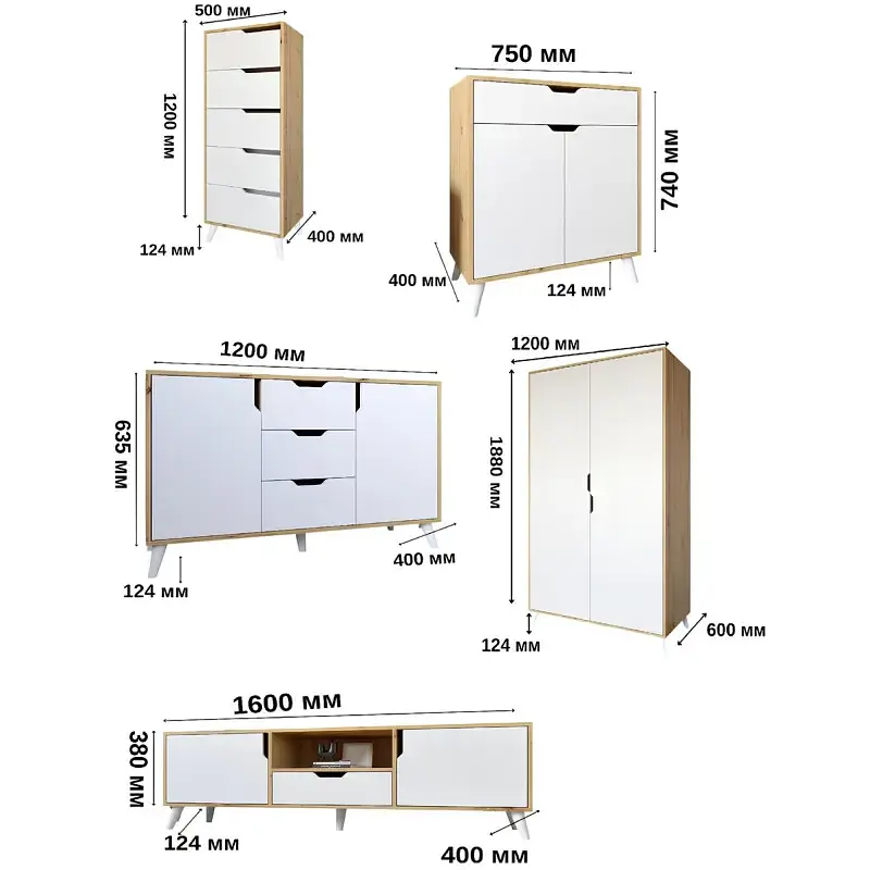 Комплект меблів для вітальні М-ЗОН Борн Німфея Альба (білий) 5 предметів з ніжками кольору світлий горіх (MZN-031071) - фото 13