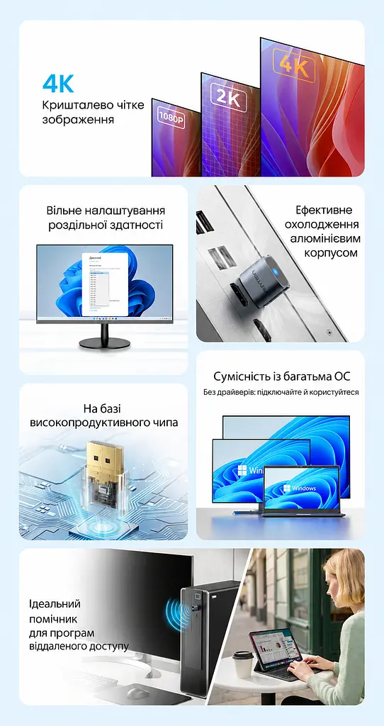 Заглушка-емулятор дисплея Vention Dummy Plug штекер DisplayPort створює віртуальний екран для віддаленого керування ПК без фізичного монітора 4K 17 Гц 2K 30 Гц 1080p 60 Гц сумісна з процесорами Intel Core серії i 6–13 поколінь і відеокартами NVIDIA GeForce GTX 750 Ti та серій GeForce 10xx 20xx 30xx 40xx 50xx але не з відеокартами AMD працює без драйверів у Windows 7/8/10/11 macOS і Linux світлодіодний індикатор живлення сірий корпус із золотистим штекером (AIYH0) - фото 13