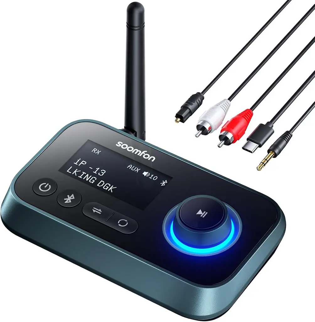 SOOMFON Bluetooth адаптер 3-в-1 (TX/RX/Bypass) 5.0 з LCD-дисплеєм, AUX/RCA/Optical, USB-C