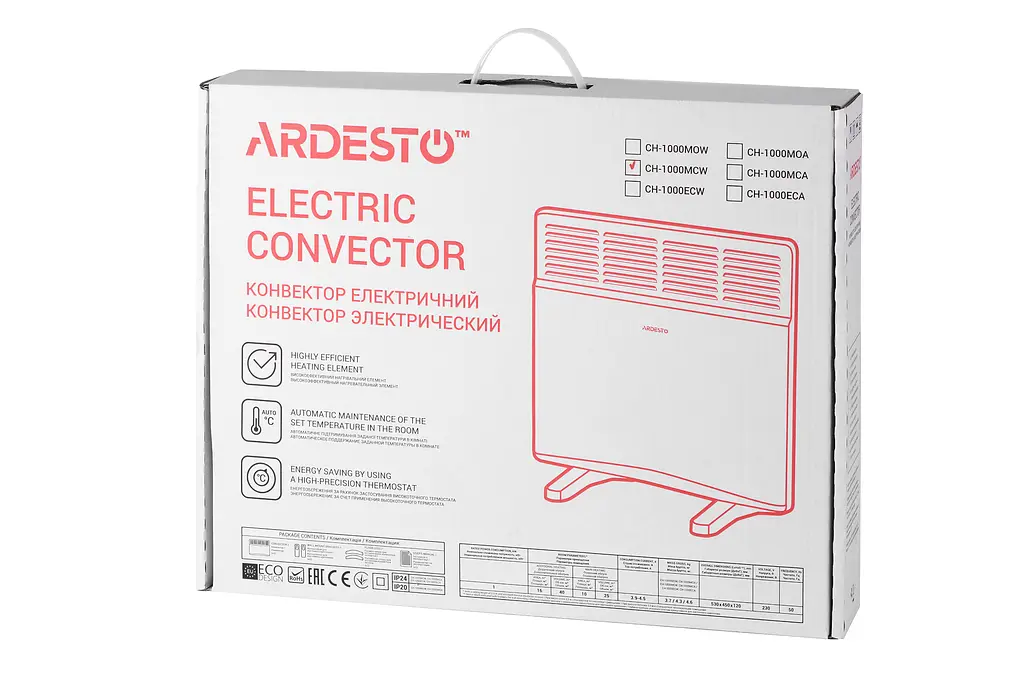 Конвектор ARDESTO 1000 Вт підлоговий/настінний, площа обігріву 10 кв.м., Білий (CH-1000MCW) - фото 8