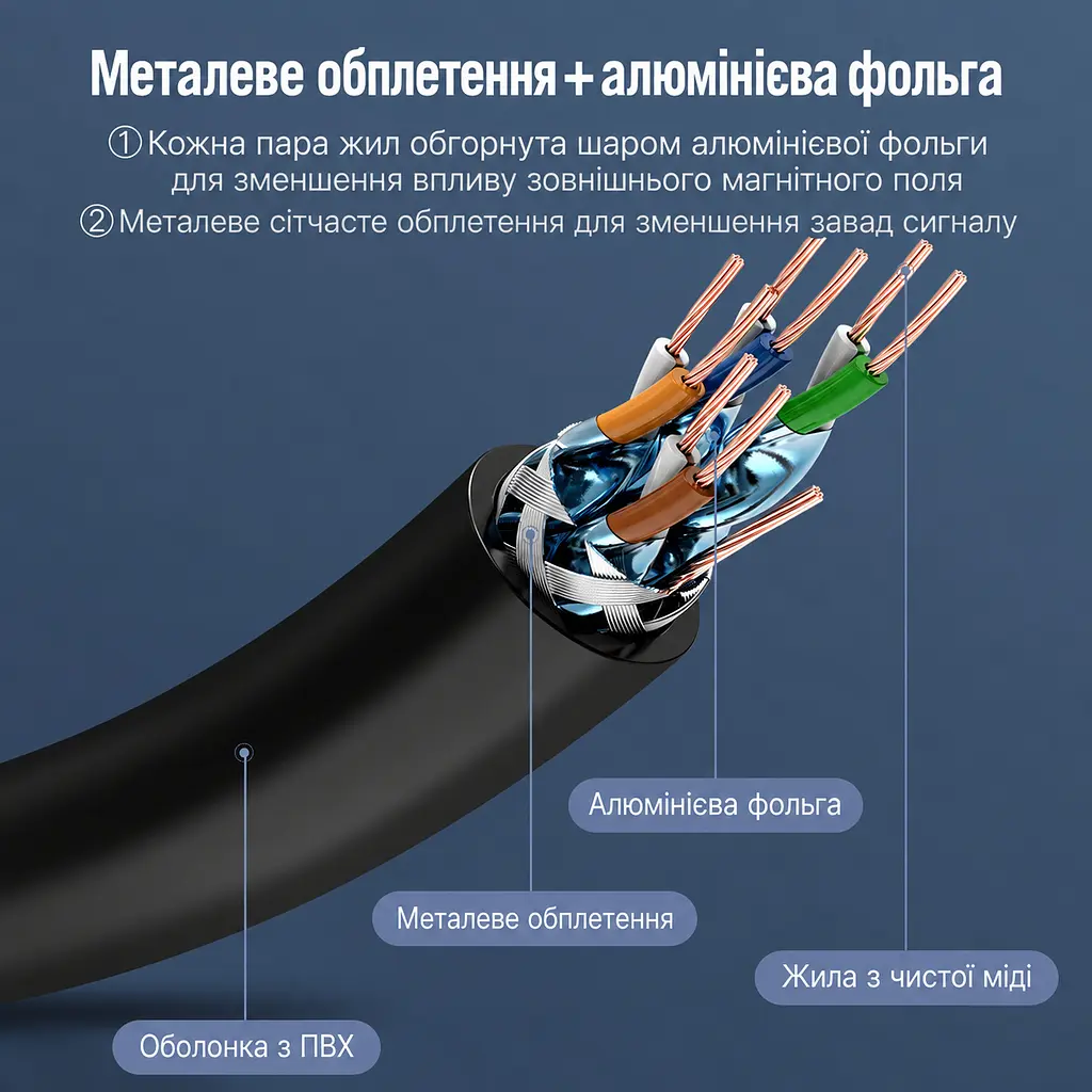 Патч-корд Ethernet Vention 1,5 м LAN-кабель штекери RJ45 8P8C на обох кінцях для з’єднання двох мережевих портів Cat.7 10 Гбіт/с за умови підтримки такої швидкості обома портами екранування фольгою та металевим обплетенням багатодротяні мідні жили для гнучкого укладання смуга пропускання 600 МГц чорний із фіолетовими та золотистими акцентами (ICDBG) - фото 3