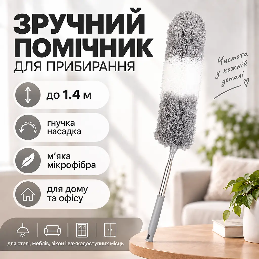 Телескопічна щітка для прибирання пилу до 1,4 м з насадкою з мікрофібри — гнучка щітка для стелі, шаф KT9004303 - фото 7