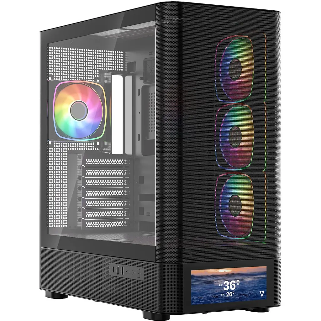Корпус Modecom VOLCANO AQ500 ARGB MIDI FRONT LCD 6,2”, 4x120mm fans ЧОРНИЙ без Блок живлення ATX