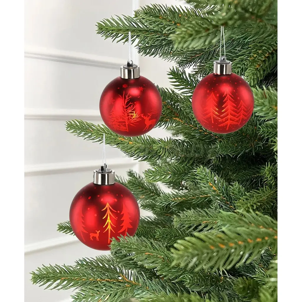 Елочный шарик Chomik стеклянный с LED подсветкой 8 см красный со снежинками (BOZ4242) - фото 2