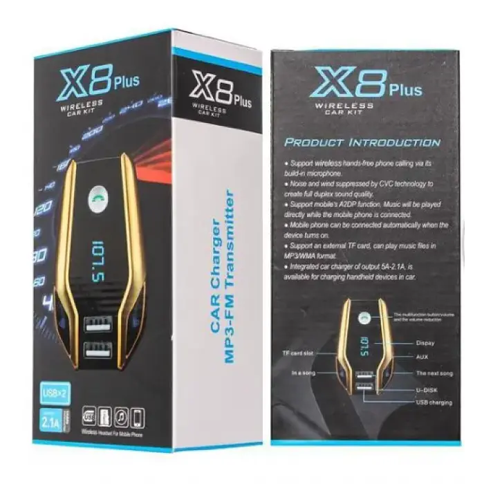 FM модулятор автомобільний трансмітер синій X8 Plus Bluetooth 2 USB AUX - фото 2
