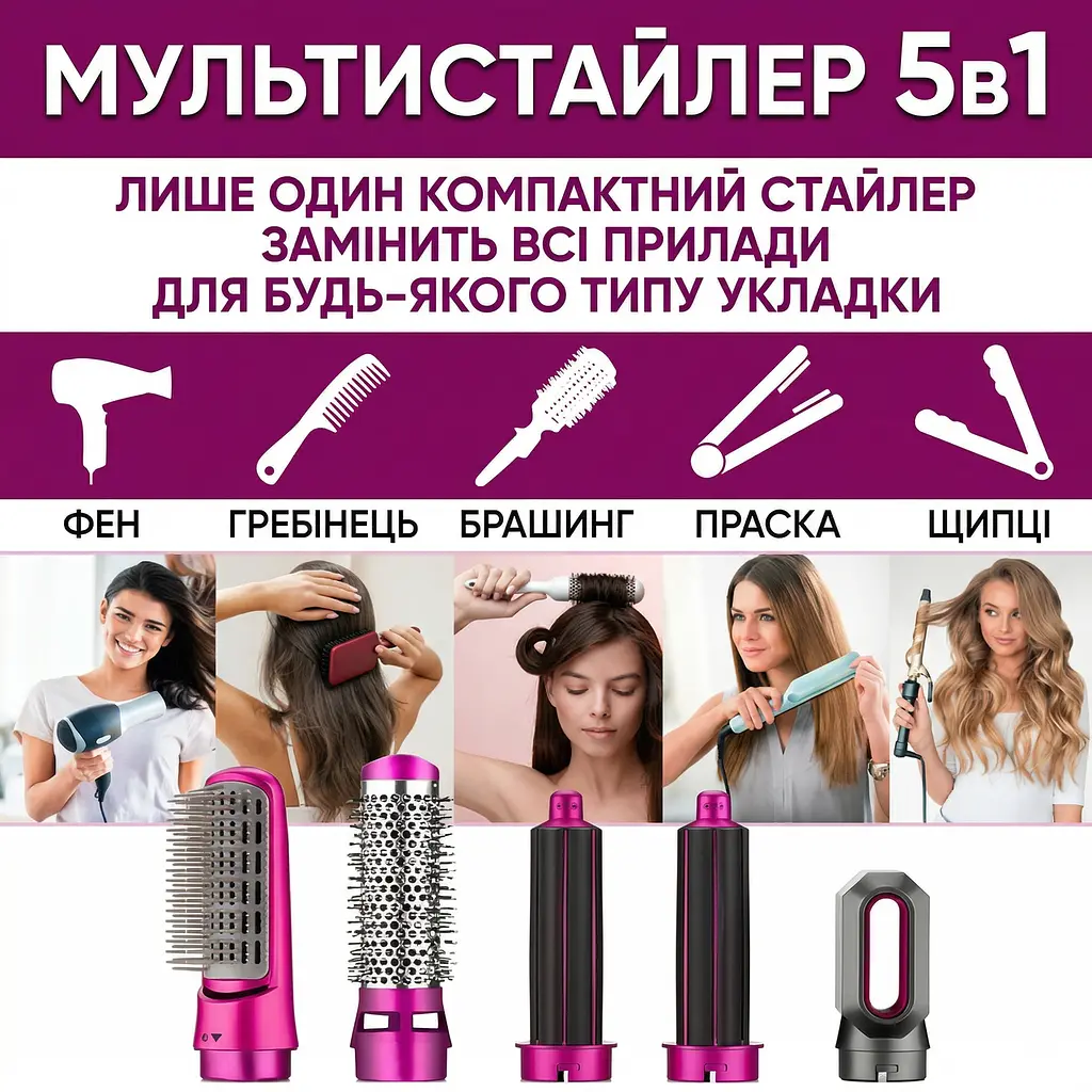 Стайлер для волосся з насадками 5 в 1 у шкіряному кейсі Мультистайлер автоматичний для укладання та завивання - фото 4